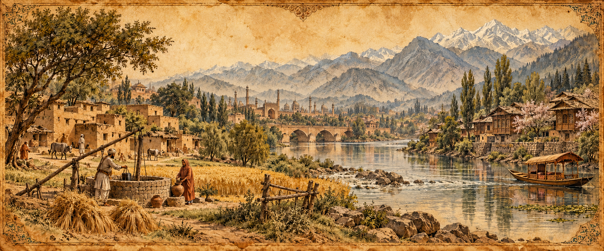 Decorative sepia illustration combining a Punjabi village, arched architecture, a river, Kashmiri timber houses and distant mountains.